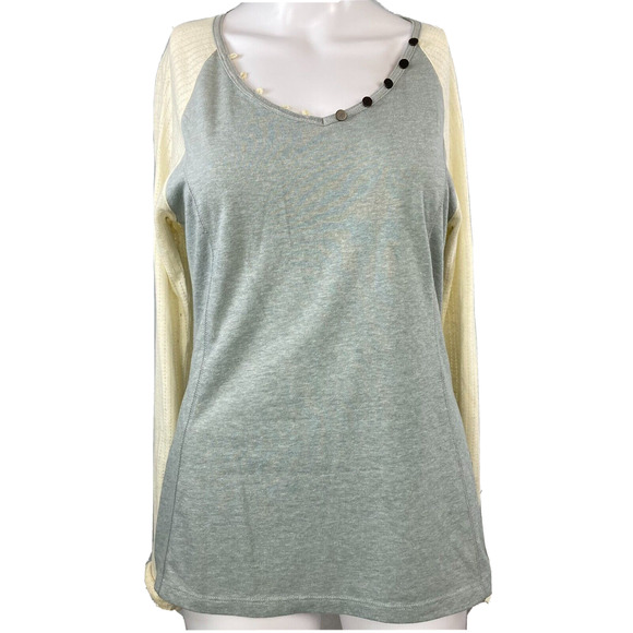 Lucy T-Shirt Women Sz S Gray Ivory Button V Neck‎ Long Raglan Sleeve Jersey Knit - Picture 1 of 8
